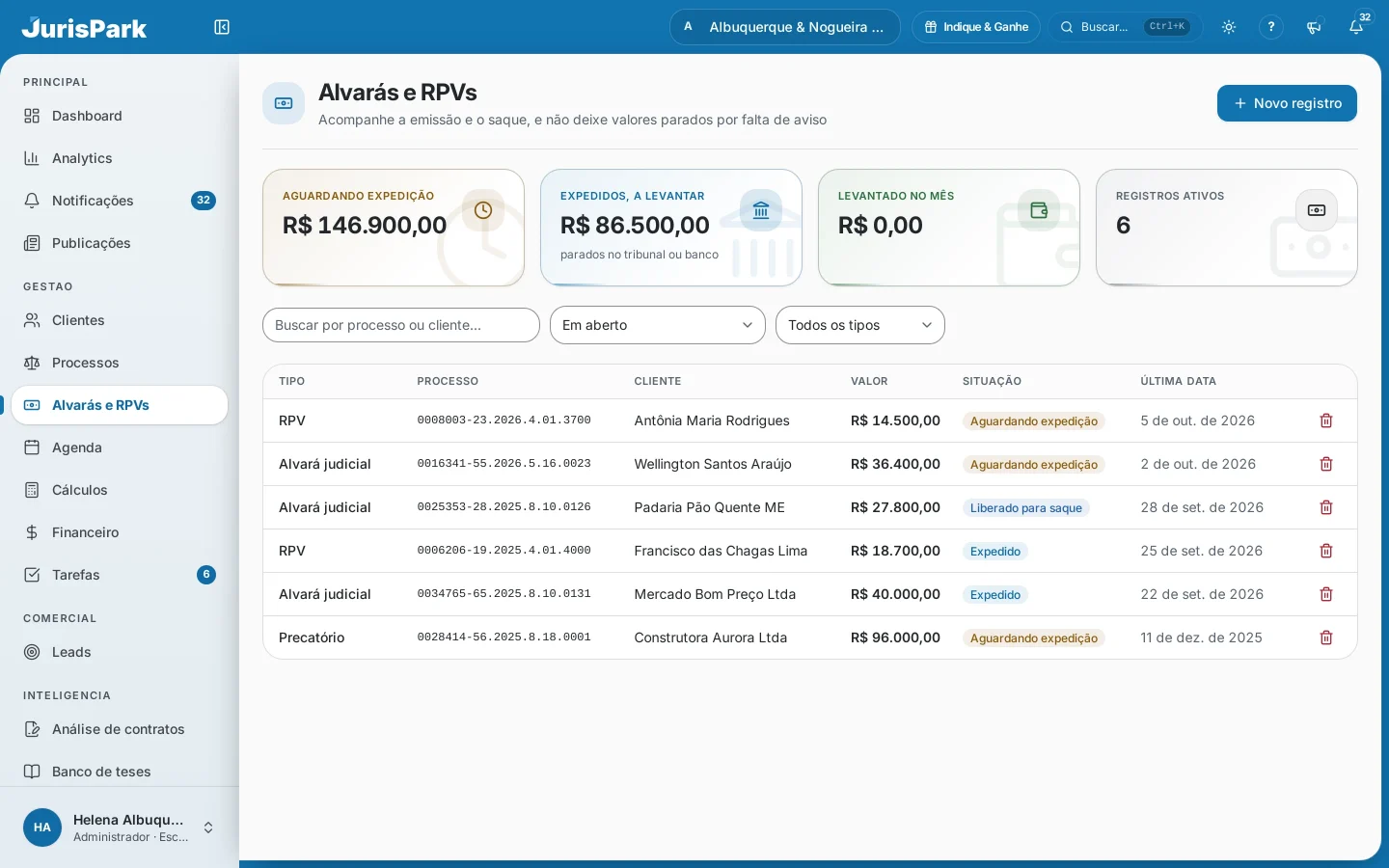 Tela Alvarás e RPVs do JurisPark, com valores aguardando expedição, expedidos a levantar, levantado no mês e registros ativos, e a lista de registros com situação.