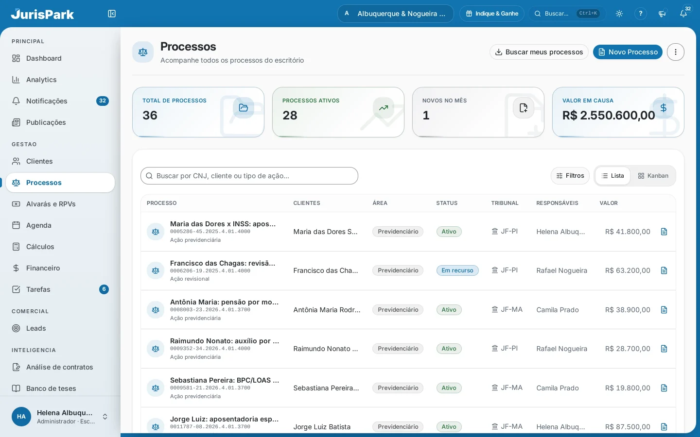 Tela de Processos do JurisPark, com o botão Indique e Ganhe no cabeçalho, disponível em todas as telas do sistema.