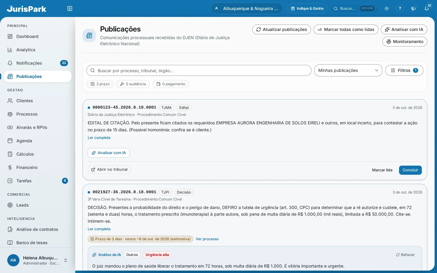 Tela Publicações do JurisPark, com atalhos de prazo, audiência e pagamento, publicações do DJEN, o selo de prazo estimado e o quadro Análise da IA.